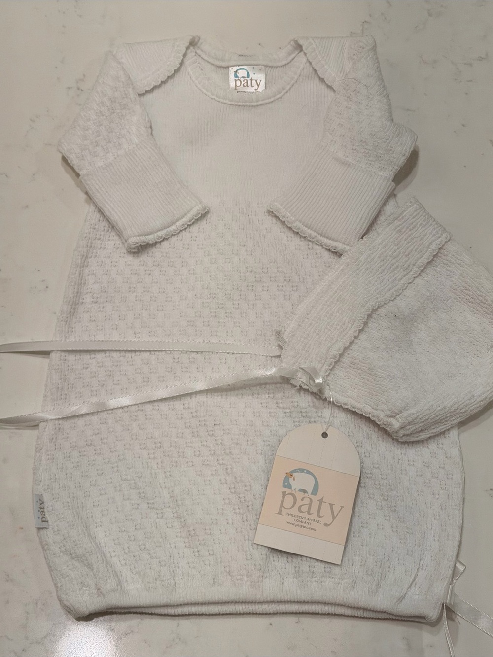 PATY INC White Knit newborn gown and bonnet
